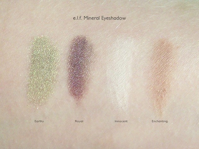 e.l.f. Mineral Eyeshadow Swatches: Innocent, Enchanting, Earthy, Royal