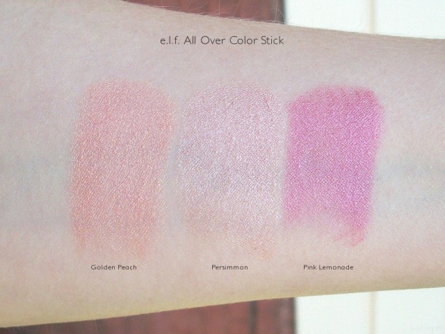 e.l.f All Over Color Stick Swatches: Golden Peach, Persimmon, Pink Lemonadee.l.f All Over Color Stick Swatches: Golden Peach, Persimmon, Pink Lemonade